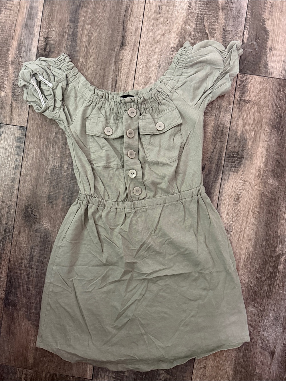 Derek Heart Sage Green Off-Shoulder Button Mini Dress with Puff Sleeves